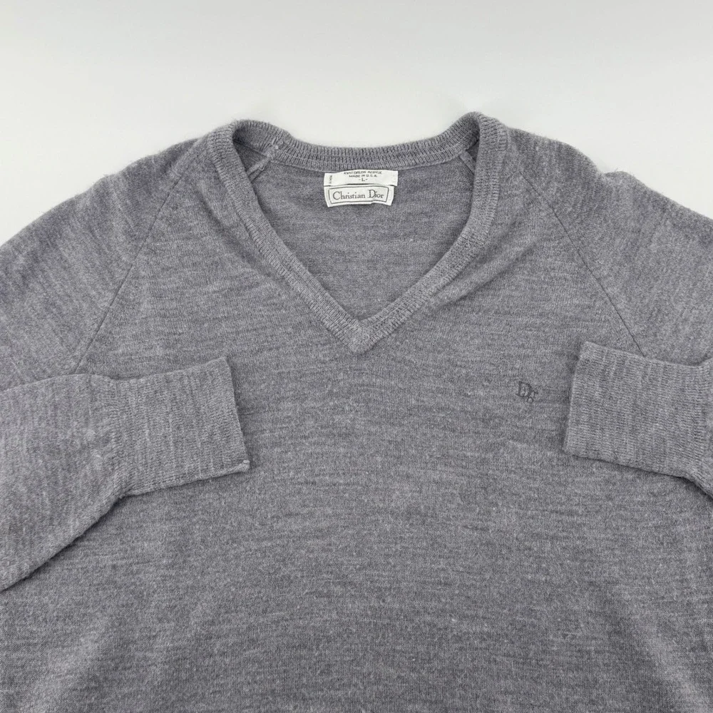 Christian Dior Vintage V-Neck Sweater Orlon Acrylic Knit Logo Gray Large USA 80s